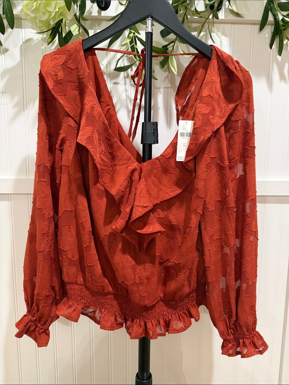 NWT! #999 ANTHROPOLOGIE Ruffled V-Neck Textured Peplum Blouse in Burnt Orange